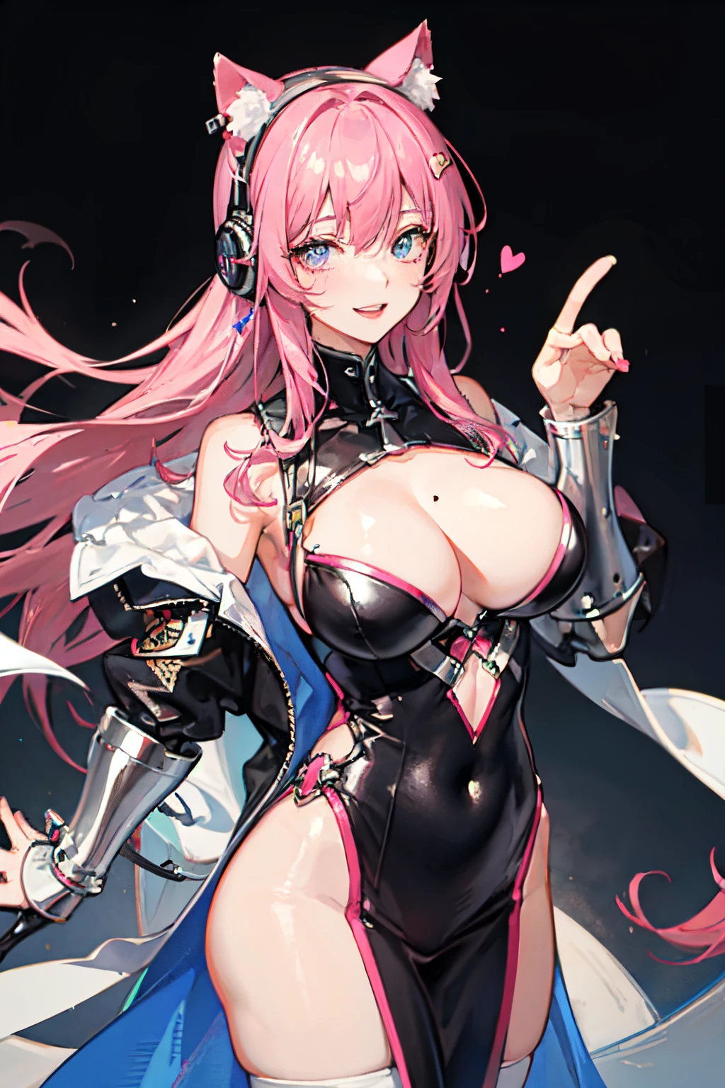 ８k、４k、hiquality、Beautuful Women、１８age、perfect bodies、Sexy clothes、rainbow hair, length hair , A pink-haired、, Mole under the eyes, Heart-shaped pupil, Cat Ear Headphones, Smiling、Pose like a model、Fantastic background、Futuristic clothing、cyberpunked、amorous、Lustrous、overlooking the cityscape、FF