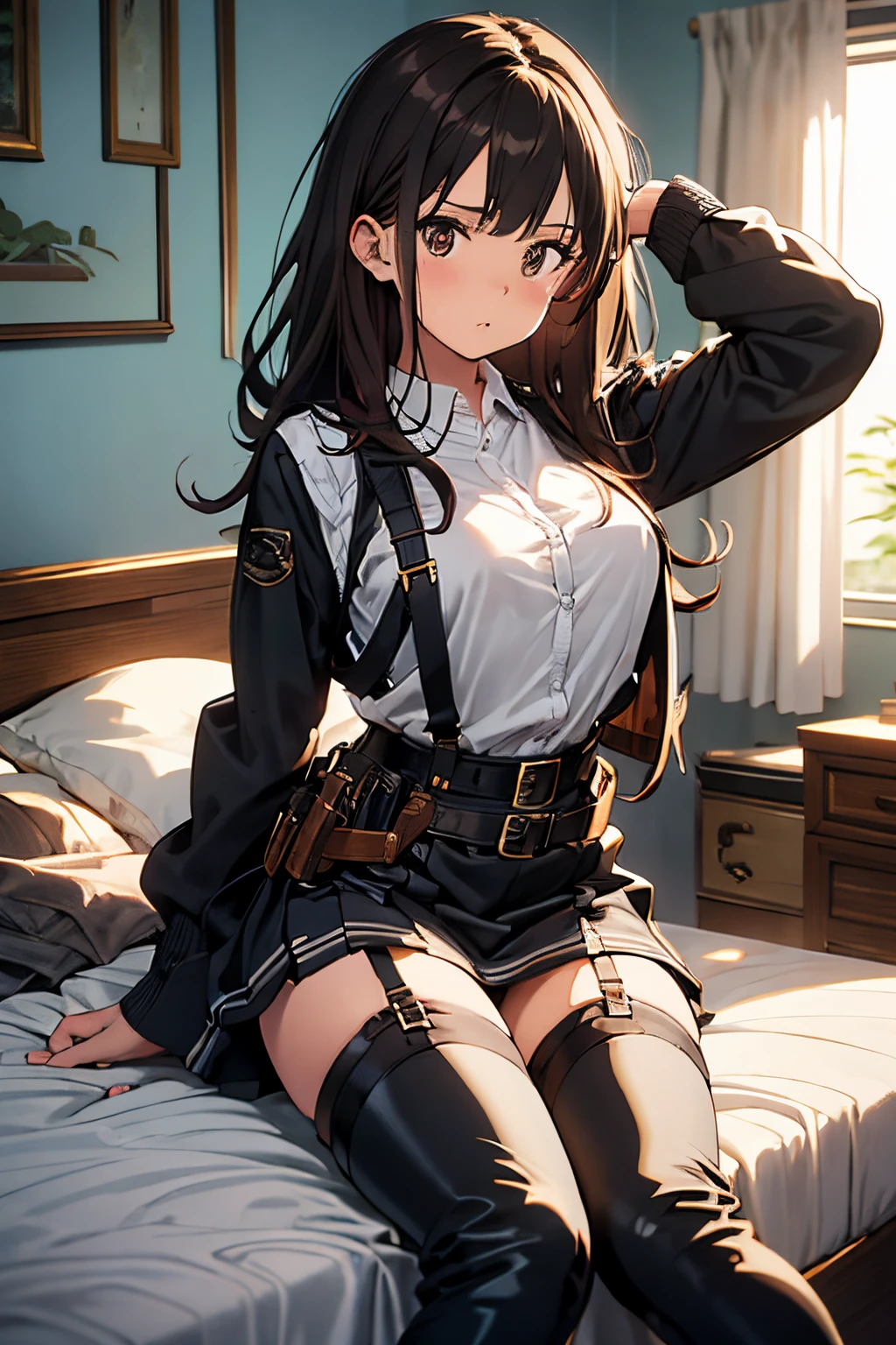 Brown hair、watching at viewers black suspenders Bulging big breasts walls: Black miniskirt garters Gaze Small face bangss holster Belt Armament Beautuful Women srestrained hands up Lying in bed Leg holster lying on the bed Gaze black boots panty shot