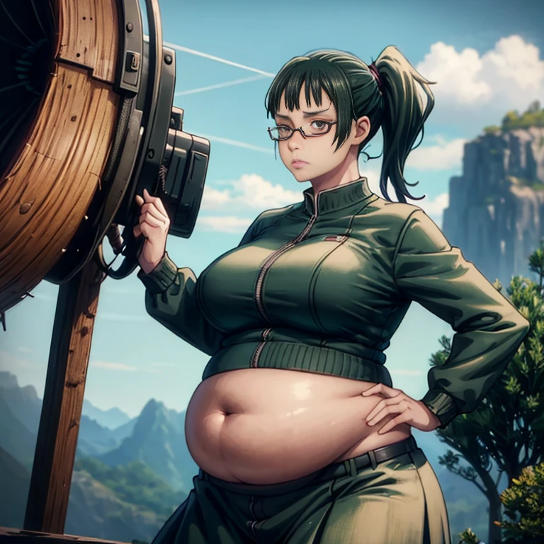 art by kipteitei, 1girl, dark green hair , hair in pony tail, maki zenin from the anime jujutsu kaisen, big plump belly, huge belly, pretty face, nose, lips, beautiful eyes, circle glasses, (best quality, masterpiece, 4k, sharp focus), professional photograph, sharp focus, dramatic, award winning, cinematic lighting, octane render, unreal engine, volumetrics dtx,