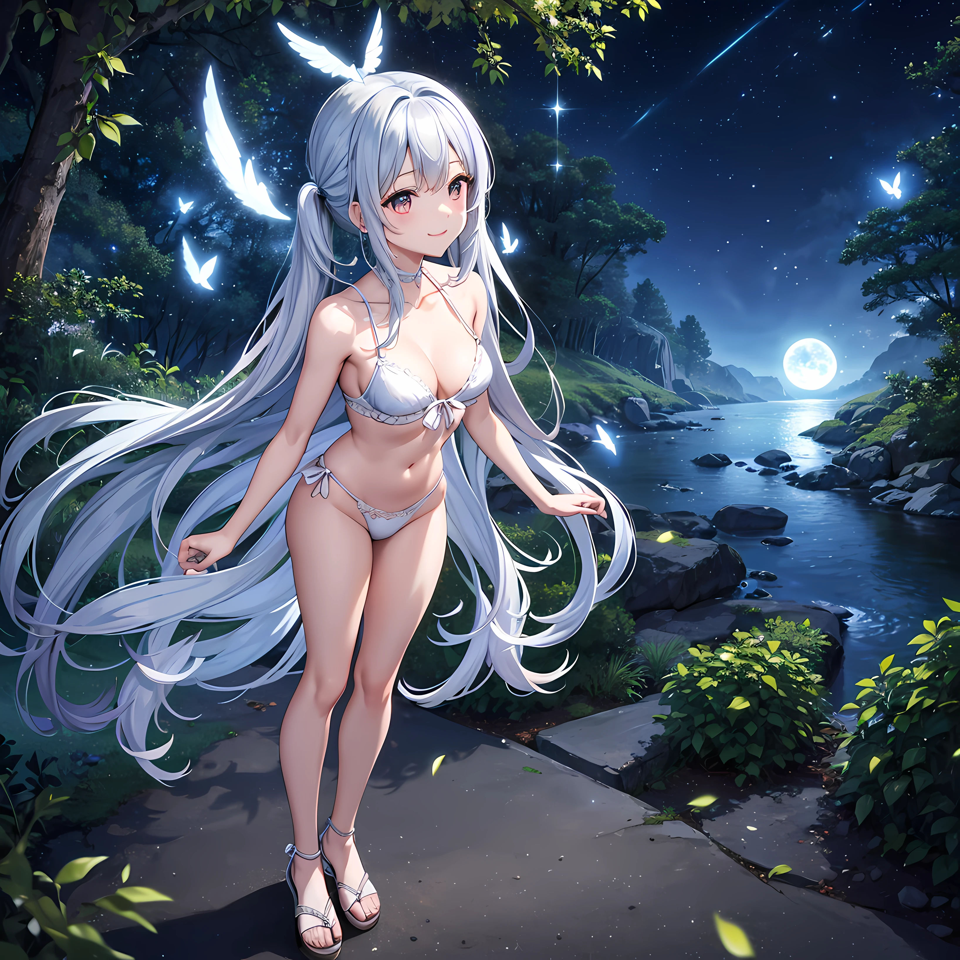 A woman is standing on a log on the beach, Young skinny gravure idol, Ai Yazawa, Moody, soft moody, 奈良美智, Young Gravure Idol, nizou yamamoto, Young Sensual Gravure Idol, advertisement picture, Hermosa Robbery California Ruby Ocula, full body Esbian, Long medium wavy hair with California highlights that creates a Christmas atmosphere, Dynamic Angle、 within a magical forest, a mystical fairy girl emerges, Light blue long hair、Hairstyle is Twintails、adorable smiling、Moonlight twinkle,  flower bloom、There is a pure white owl、The tree々While flapping its wings in the sparkling fireflies, the air resonates with the ethereal symphony of nature's whispers, Creating a field where dreams and reality intersect，Fantasy worldview