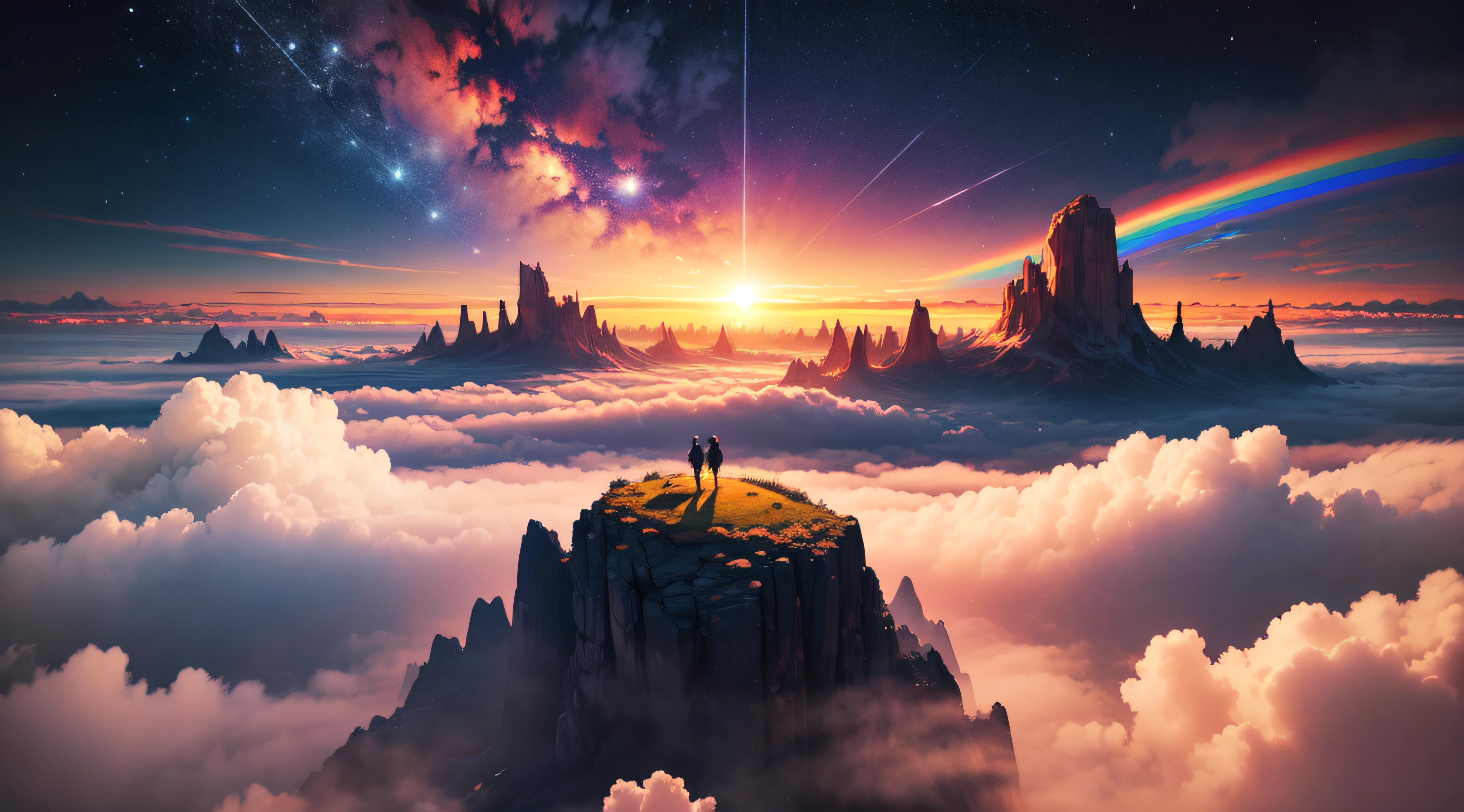 The image depicts a breathtaking otherworldly scenery that is nothing short of magical. Parece ser tirado do alto das nuvens, as the viewer is presented with a stunning panoramic view of the vast expanse of the sky. As estrelas cintilam e brilham, creating a mesmerizing spectacle that is truly awe-inspiring. A colorful rainbow is also visible in the distance, adding a pop of vibrant hues to the otherwise serene and tranquil atmosphere. O sol brilha intensamente, casting a warm and welcoming glow over the entire scene. Geral, this image is a symphony of colors, Luz, e beleza que transporta o espectador para outro mundo inteiramente.