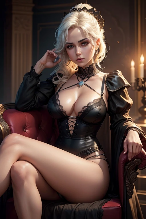 HD,sexy ciri, crown, ponytail,black dress,lace up heels, lingerie,throne, sitting,cleavage