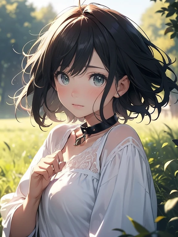 masterpiece, best quality, one girl, beautiful girl, beautiful gleen forest, woman wearing slave collar, chaste woman, short hair, really fluffy hair, black hair with grey highlights, hair blowing in the wind, green eyes, soft expression, white dress, staring at sky, breathtakingly beautiful, cinematic lights, gms, (upper body)