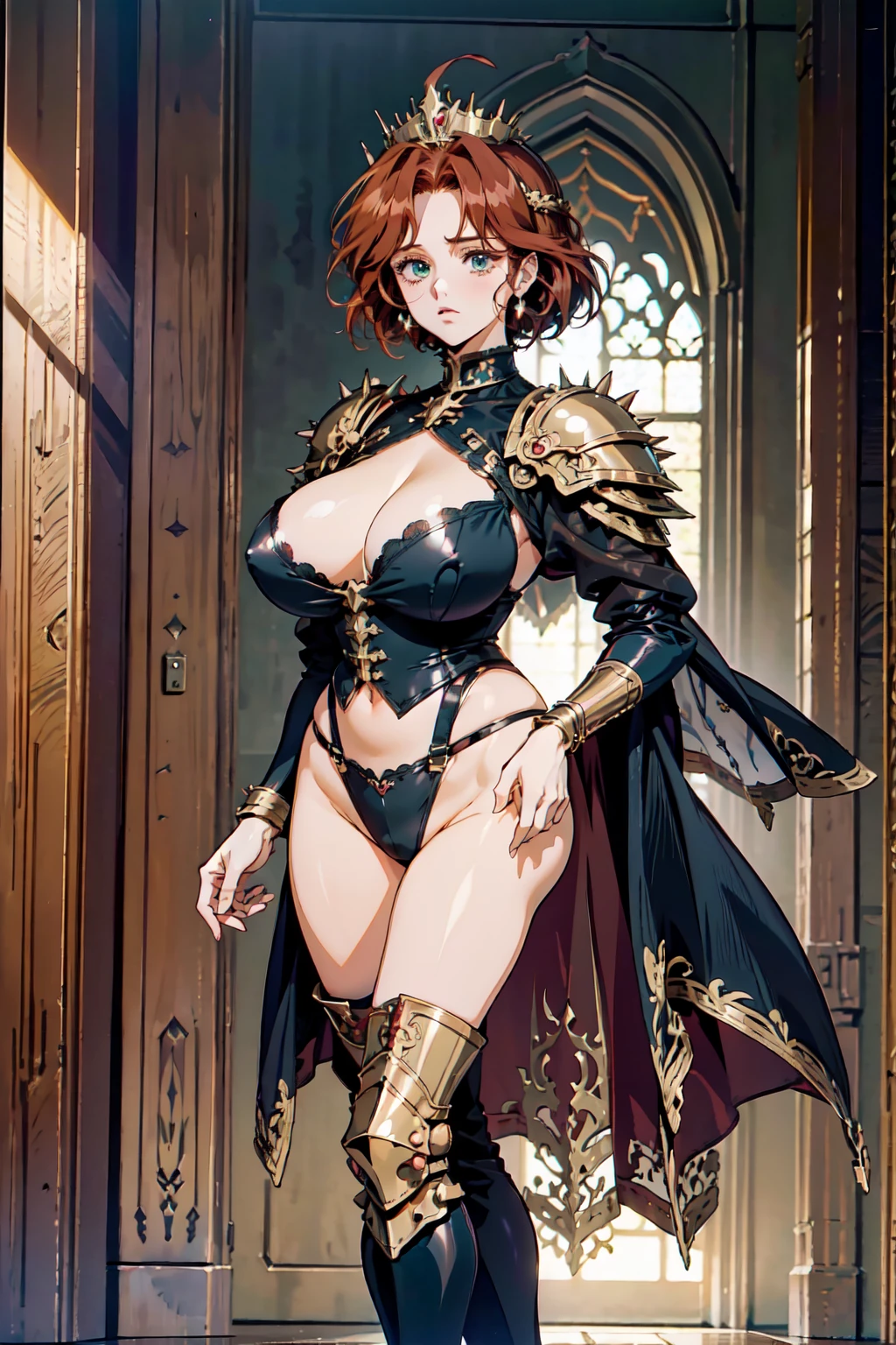 "(masterpiece:1.1), best quality,
1girl, (80s anime style:1.3), (eyelashes:1.5), (:1.2),
(intricate high detailed body:1.2),
(red hair:1.1), (hair over one eye:1.1), (bob cut:1.1), (crown:1.2),
green eyes, (lip stick:1.3),
(dark skin:1.5), (curvy body:1.1), (gigantic breasts:1.3),
(expressionless:1.2),
(see-through cloth leotard armor, cleavage cutout:1.2),
(spiked knight armor, armored boots:1.2), (suspenders:1.1), (ahoge:1.2), bracelet,
standing, leaning forward,
(upper body, cowboy shot, looking at viewer, from front:1.1),
medieval tavern"