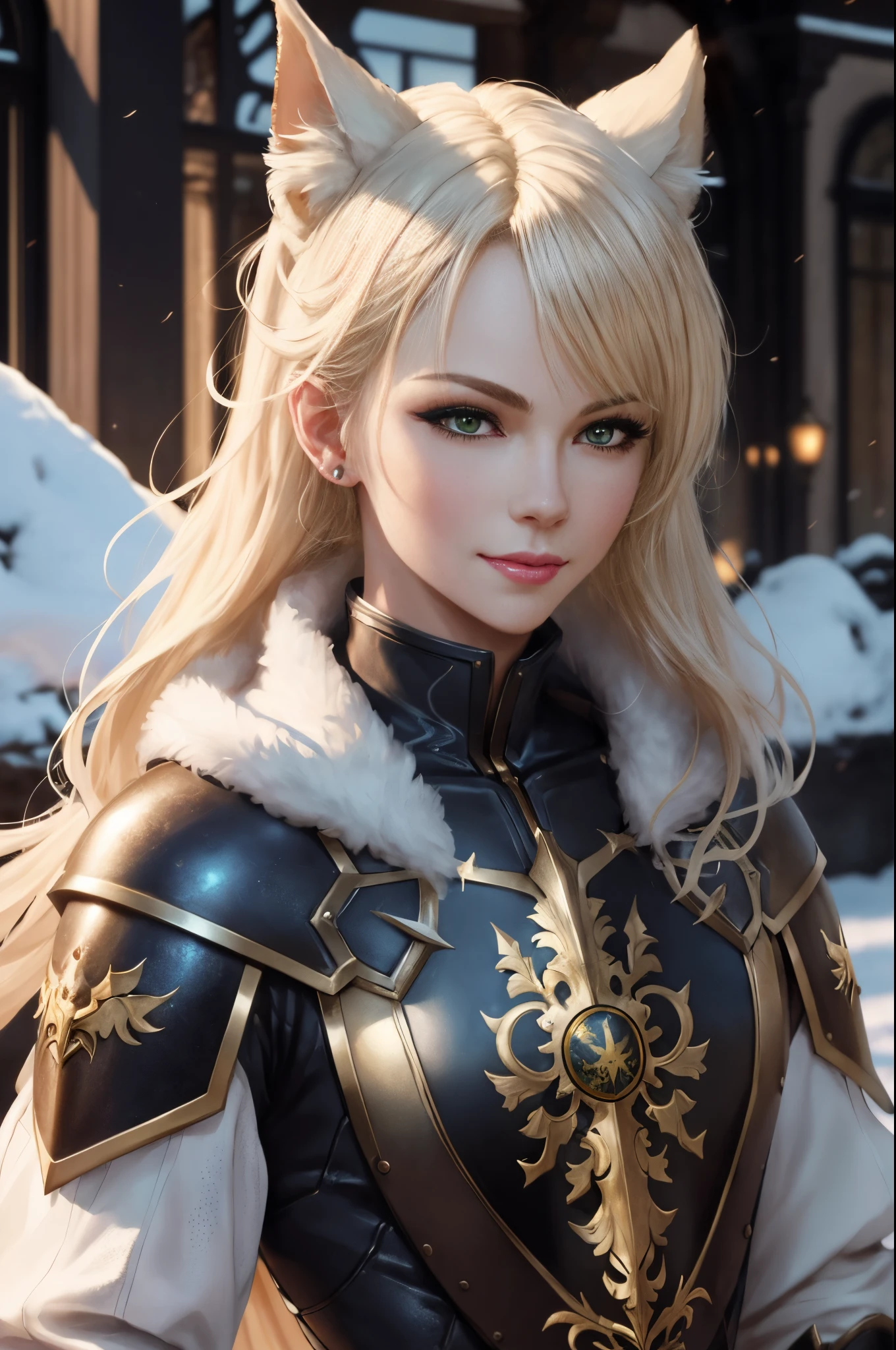 8K,Close-up of a woman wearing a costume with cat ears(Like the real thing) Chest plate like a man,gorgeous green and gold armor,white mohawk hair,Luxurious decoration,Green eyes,super realistic skin,Fangs are visible from the mouth,portrait knights of zodiac girl, ig model | ArtGerm, very detailed Artgerm, fanart best artstation, 2. 5 d cgi anime fantasy artwork, Gorgeous Female Paladin, Detailed Digital Anime Art, Stunning character art, Alexandra Fomina Artstation, ArtGerm ; 3d unreal engine5,超A high resolution,kindly smile,