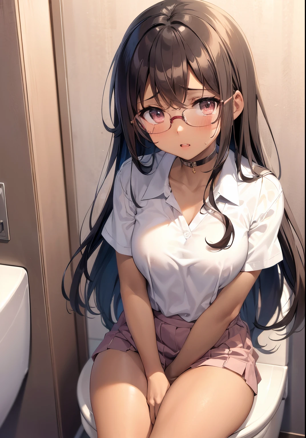 Brown-skinned　eye glasses　long curly hair　Gamine　Torn school uniform　Toilet in a private room　Sitting on the toilet bowl　Smaller chest　Upper body naked　is crying　thick thight　PINK Underwear