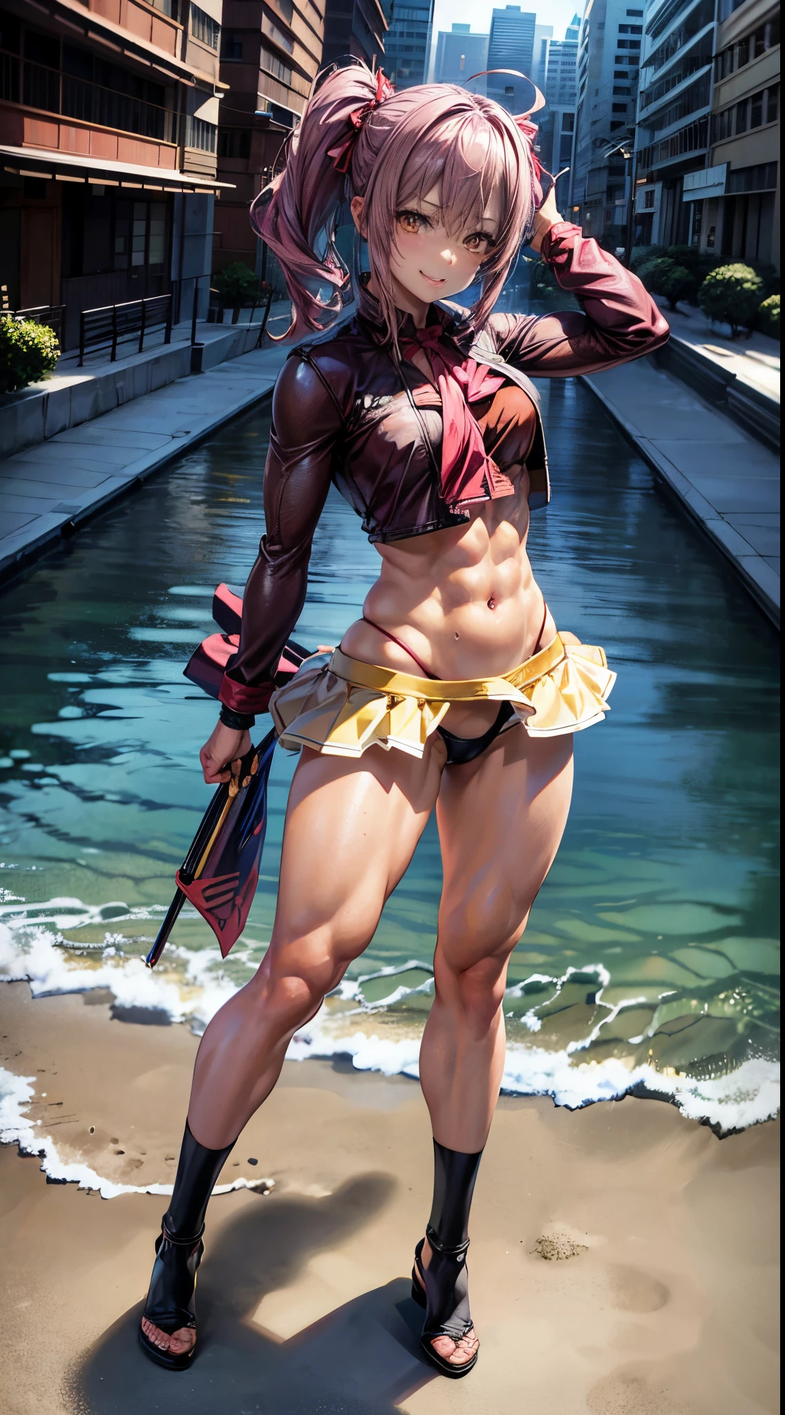 ( 1 girl), mischievous smile, on the beach, (muscular ass), (small waist), (butt only), (((Ichika Amasawa))), red ribbons in her hair, ((bright yellow eyes)), good anatomy, perfect hands, (((perfect, muscular legs))), thin waist, muscular abdomen, wearing black high heel shoes, full body photo, (standing), sparkling eyes, eye reflection, anime, anime style, ray tracing, cinematic lighting, panorama, Sony FE, 8k, UHD, UHD, masterpiece, ccurate, anatomically correct, textured skin, super detail, high details, high quality, highres, HD, 16k