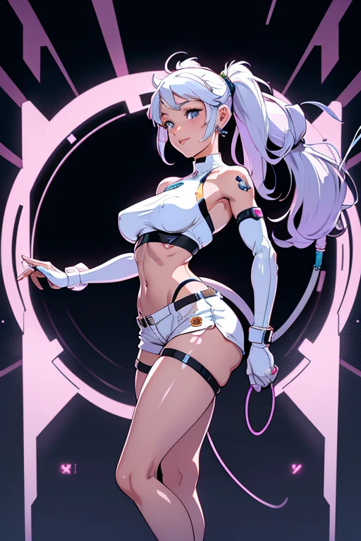 frontal image of a visibly barefoot  cyborg woman, with body modifications, wearing shiny white polyethene shorts and modules covering breasts completely, bare midriff, happy facial expression, futuristic lab, wires and hoses connected to her back.