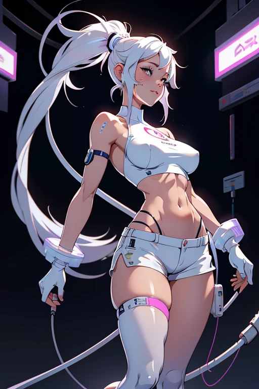 frontal image of a visibly barefoot  cyborg woman, with body modifications, wearing shiny white polyethene shorts and modules covering breasts completely, bare midriff, happy facial expression, futuristic lab, wires and hoses connected to her back.