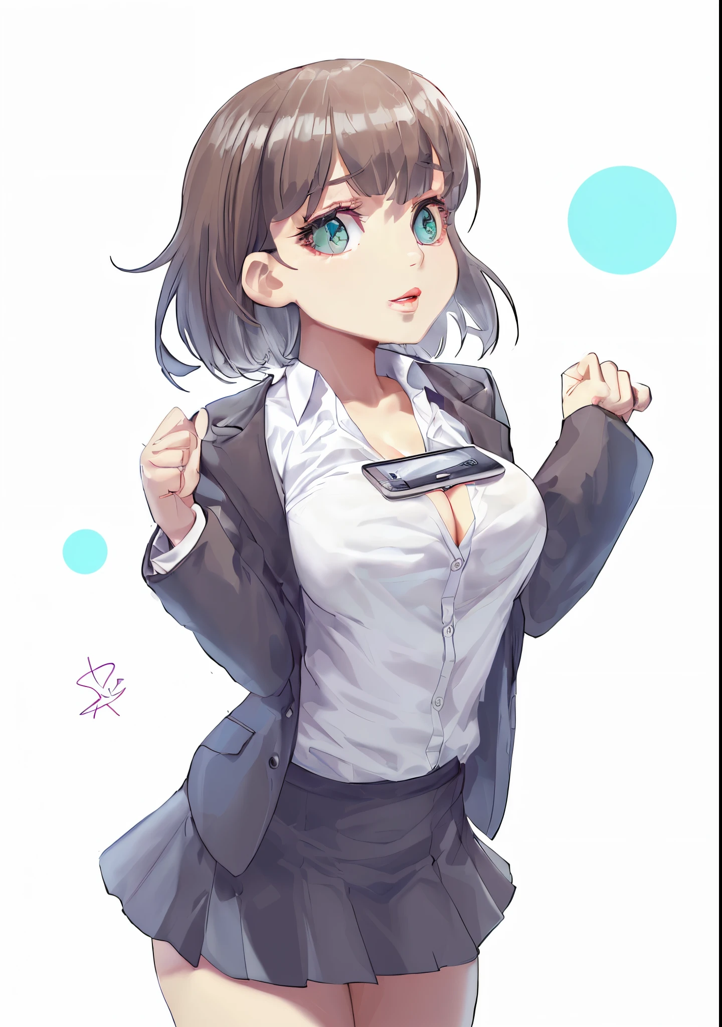 Short hair details, white shirt, Black jacket, grey short skirt, Huge cleavage, ((Smartphone on chest)) Clench your hands into fists