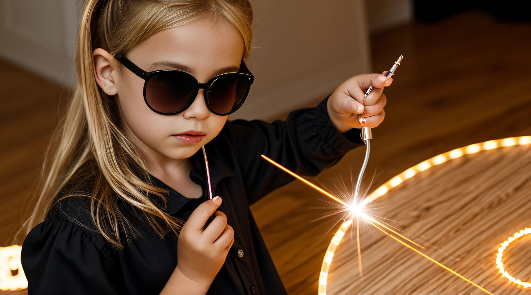 close-up CHILD BLONDE GIRL WITH HAIRBUN, in a black blouse and sunglasses, a laser is being used to illuminate a circle, fundo preto.