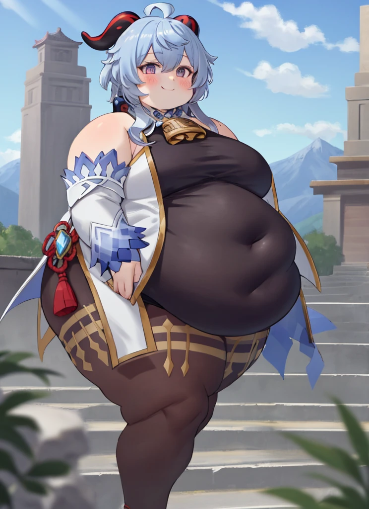 obese ganyudef, upper body, plump belly, fat arms, fat butt, extra thicc, thick thighs, smile, blush, outdoors, day, simple background, blue sky, short hair, sky, temple, looking at viewer, stairs, mountain, moody lighting,