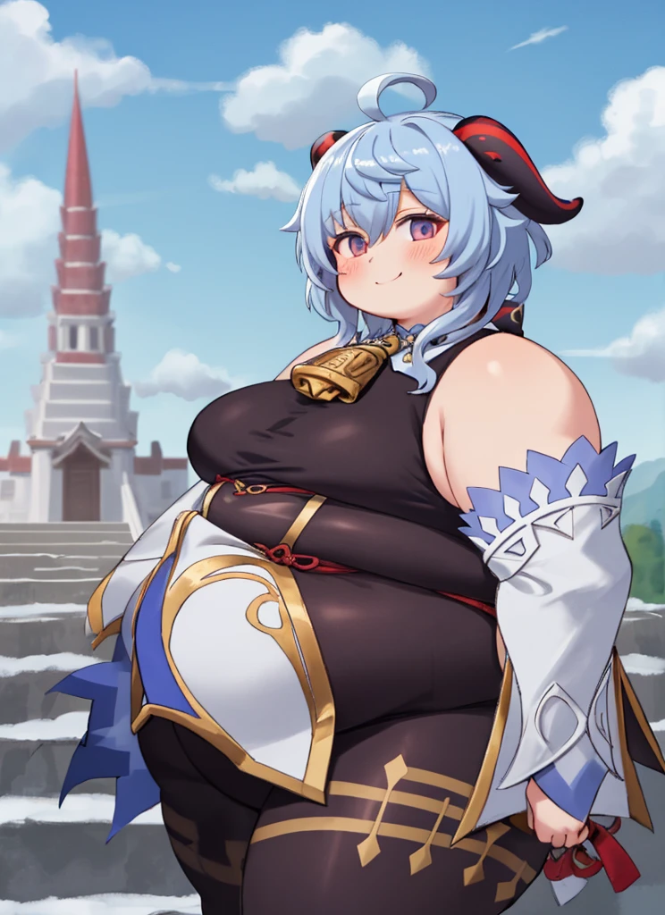 obese ganyudef, upper body, plump belly, fat arms, fat butt, extra thicc, thick thighs, smile, blush, outdoors, day, simple background, blue sky, short hair, sky, temple, looking at viewer, stairs, mountain, moody lighting,