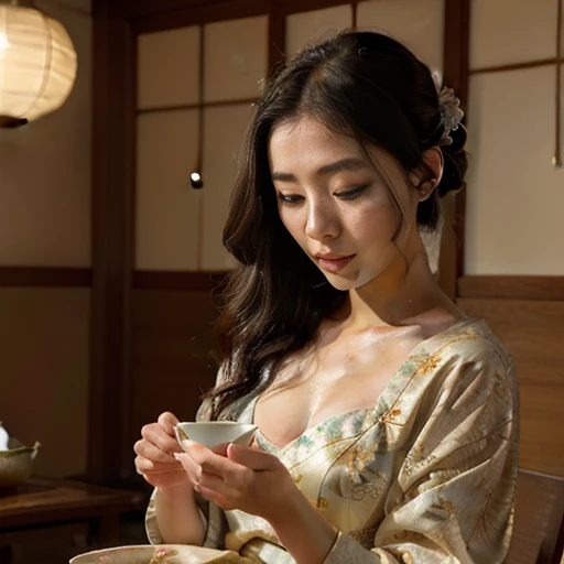 A captivating young Japanese woman in her early 20s gracefully prepares tea in a traditional Japanese tea ceremony room. Her fair, smooth skin radiates a delicate glow, her dark brown eyes sparkle with warmth and serenity, and her straight black hair cascades down her shoulders in silky waves. Adorned in a traditional Japanese kosode, a formal kimono worn during tea ceremonies, she exudes an air of elegance and poise. The kosode, made of a rich silk fabric, is adorned with delicate embroidery of cherry blossoms, complementing her vibrant beauty.As she performs the intricate steps of the tea ceremony, her every movement is infused with grace and precision. She meticulously measures the tea leaves, pours the hot water with gentle care, and whisks the matcha tea with rhythmic strokes. Her focus is unwavering, her movements precise, and her demeanor exudes a sense of tranquility and respect for the ancient ritual.The tea ceremony room, known as a chashitsu, is a minimalist space designed