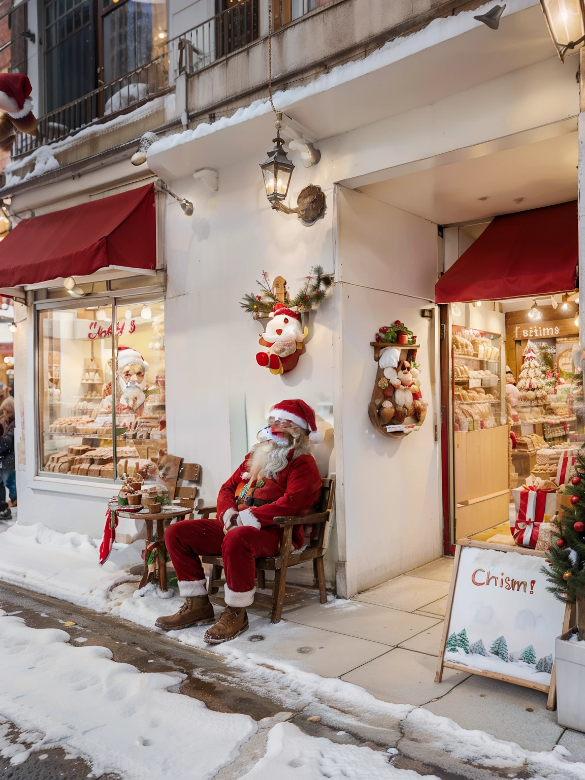 Santa Claus sitting outside a shop on the street,, christmas, Felt Animal Cafe,, cute bakery shop,photograph of-realistic