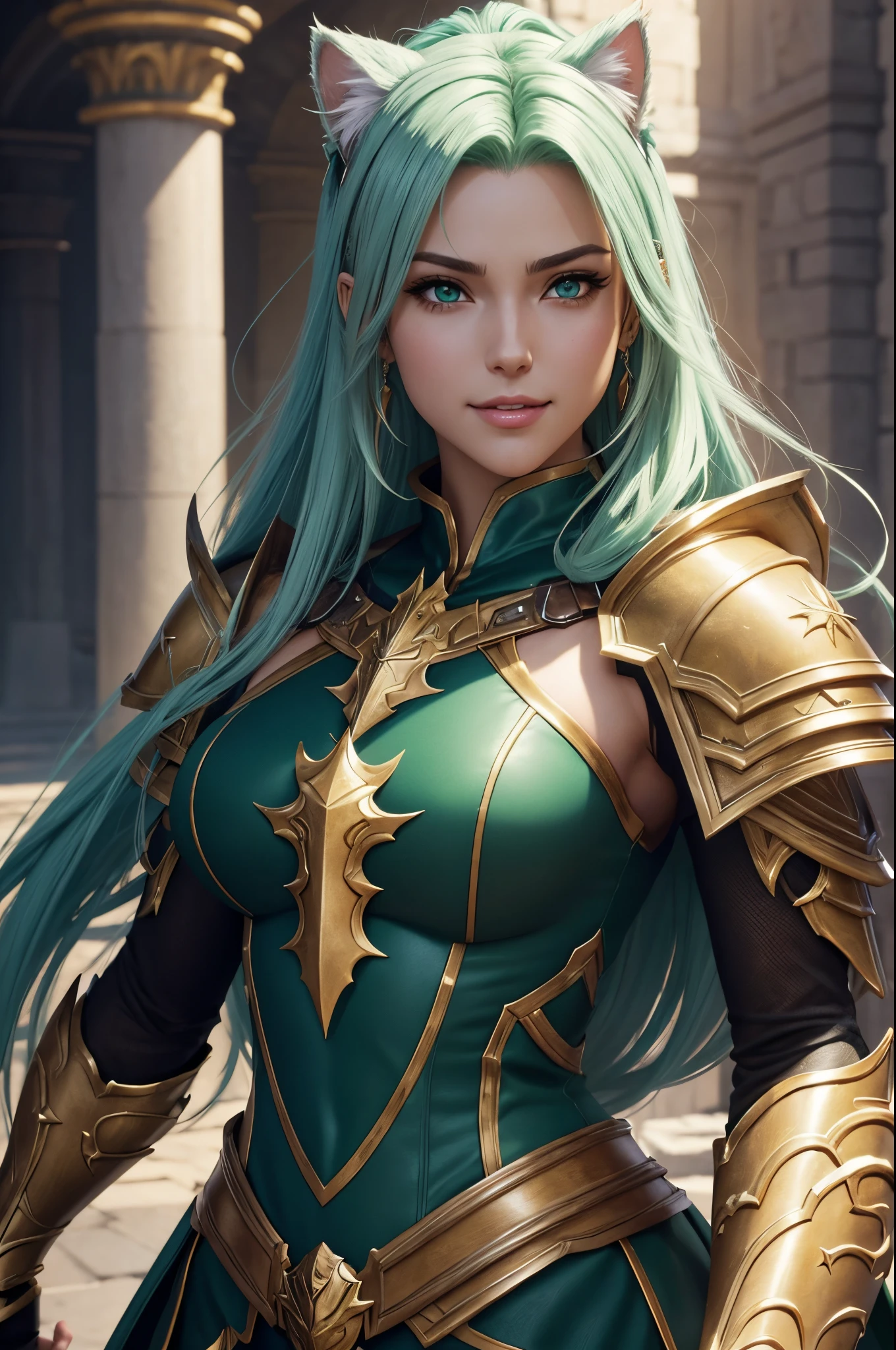 8K,Close-up of a woman wearing a costume with cat ears(Like the real thing) Chest plate like a man,gorgeous green and gold armor,white mohawk hair,Luxurious decoration,Green eyes,super realistic skin,Fangs are visible from the mouth,portrait knights of zodiac girl, ig model | ArtGerm, very detailed Artgerm, fanart best artstation, 2. 5 d cgi anime fantasy artwork, Gorgeous Female Paladin, Detailed Digital Anime Art, Stunning character art, Alexandra Fomina Artstation, ArtGerm ; 3d unreal engine5,超A high resolution,kindly smile,Muscular, muscular body like a man's,