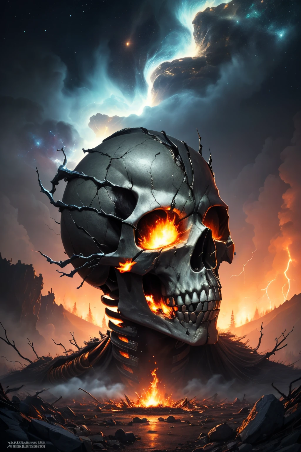 Ultra-detailed 16K resolution, Realistic Apocalypse with Astro Twist. The skull, reminiscent of a rock star, is featured in intricate detail against a backdrop of chaos. Smoke engulfs the scene, flames rage, and lightning illuminates the sky. The celestial elements integrated into the skull's design give it a cosmic, otherworldly vibe. This design captures the intensity of an apocalypse with a unique astro-rock aesthetic((best quality)), ((master part)), (circunstanciado), rosto perfeito