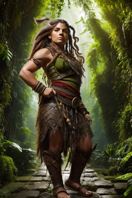 Perspective image, Art style by Alex Horley, dwarf athletic woman, olive skin, red dreadlock hair, riding giant boar pet, dress woven from leaves and vines, Amazon rainforest setting, images in ultra HD 8k definition.