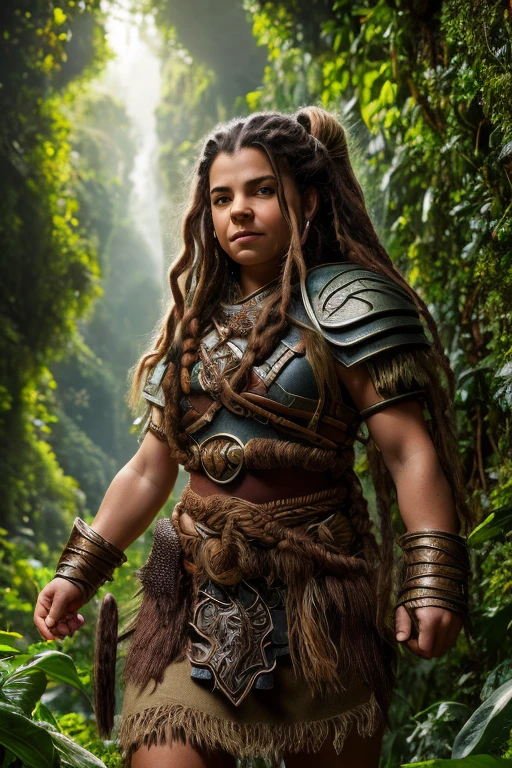 Perspective image, Art style by Alex Horley, dwarf athletic woman, olive skin, red dreadlock hair, riding giant boar pet, dress woven from leaves and vines, Amazon rainforest setting, images in ultra HD 8k definition.
