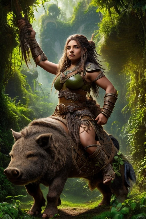 Perspective image, Art style by Alex Horley, dwarf athletic woman, olive skin, red dreadlock hair, riding giant boar pet, dress woven from leaves and vines, Amazon rainforest setting, images in ultra HD 8k definition.