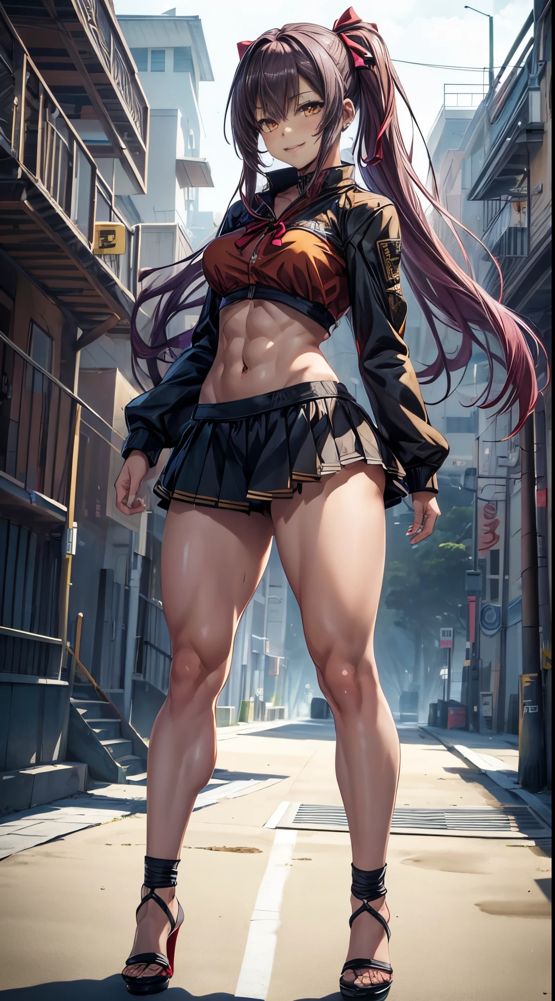 ( 1 girl), mischievous smile, on the beach, (muscular ass), (small waist), (butt only), (((Ichika Amasawa))), red ribbons in her hair, ((bright yellow eyes)), good anatomy, perfect hands, (((perfect, muscular legs))), thin waist, muscular abdomen, wearing black high heel shoes, full body photo, (standing), sparkling eyes, eye reflection, anime, anime style, ray tracing, cinematic lighting, panorama, Sony FE, 8k, UHD, UHD, masterpiece, ccurate, anatomically correct, textured skin, super detail, high details, high quality, highres, HD, 16k