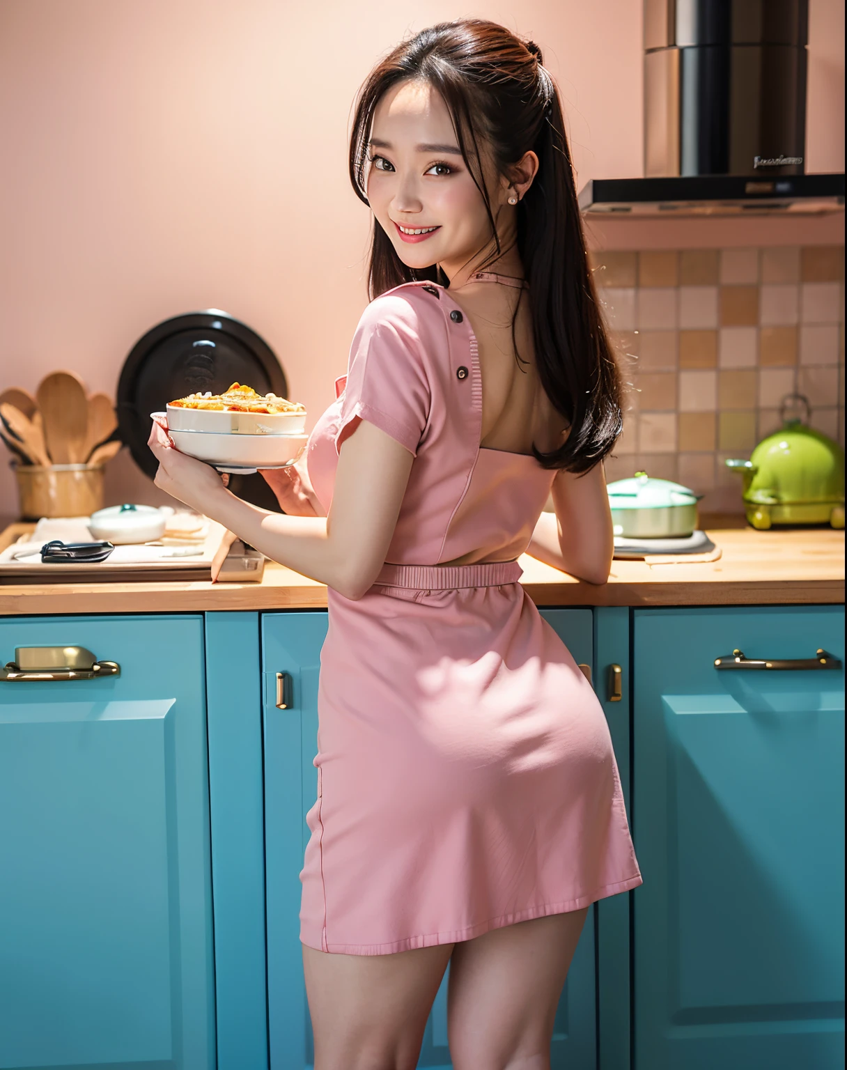 top-quality、masutepiece、8K、Pastel tones、black hair、long(Bring out your forehead:1.2)、posterior view、Light blue camisole dress、a miniskirt、The background is((kitchin:1.４)、Turned、Dynamic Styles、ssmile、Ready-to-eat dishes、In the middle of the meal