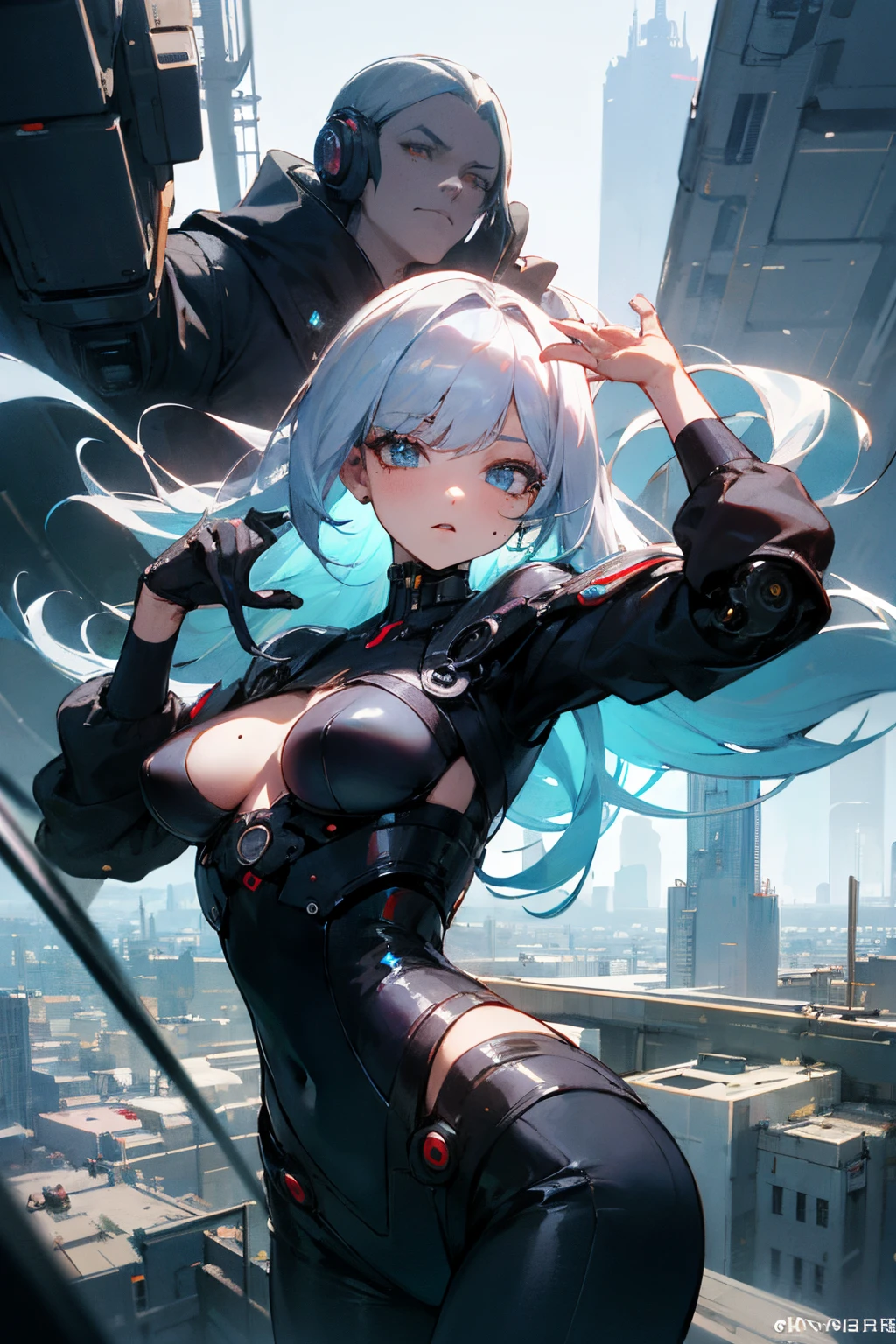 8k、4k、hiquality、Beautuful Women、20age、perfect bodies、cool fwear、rainbow hair, length hair , Silver hair、, Mole under the eyes, cool expression、Pose like a model、Fantastic background、Futuristic clothing、cyberpunked、amorous、Lustrous、overlooking the cityscape、Fantasy