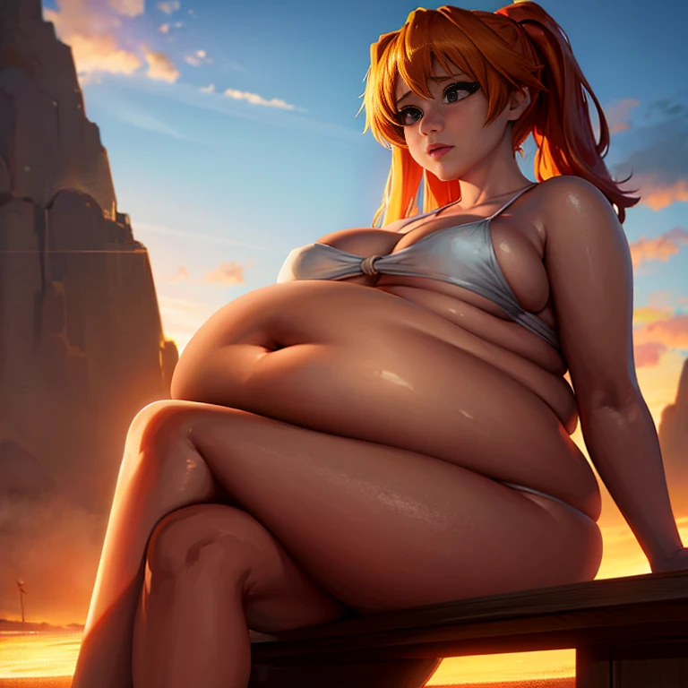 art by kipteitei, 1girl, ginger hair, asuka langley from the anime evangelion, big plump belly, huge belly,pretty face, nose, lips, beautiful eyes, (best quality, masterpiece, 4k, sharp focus), professional photograph, sharp focus, dramatic, award winning, cinematic lighting, octane render, unreal engine, volumetrics dtx,