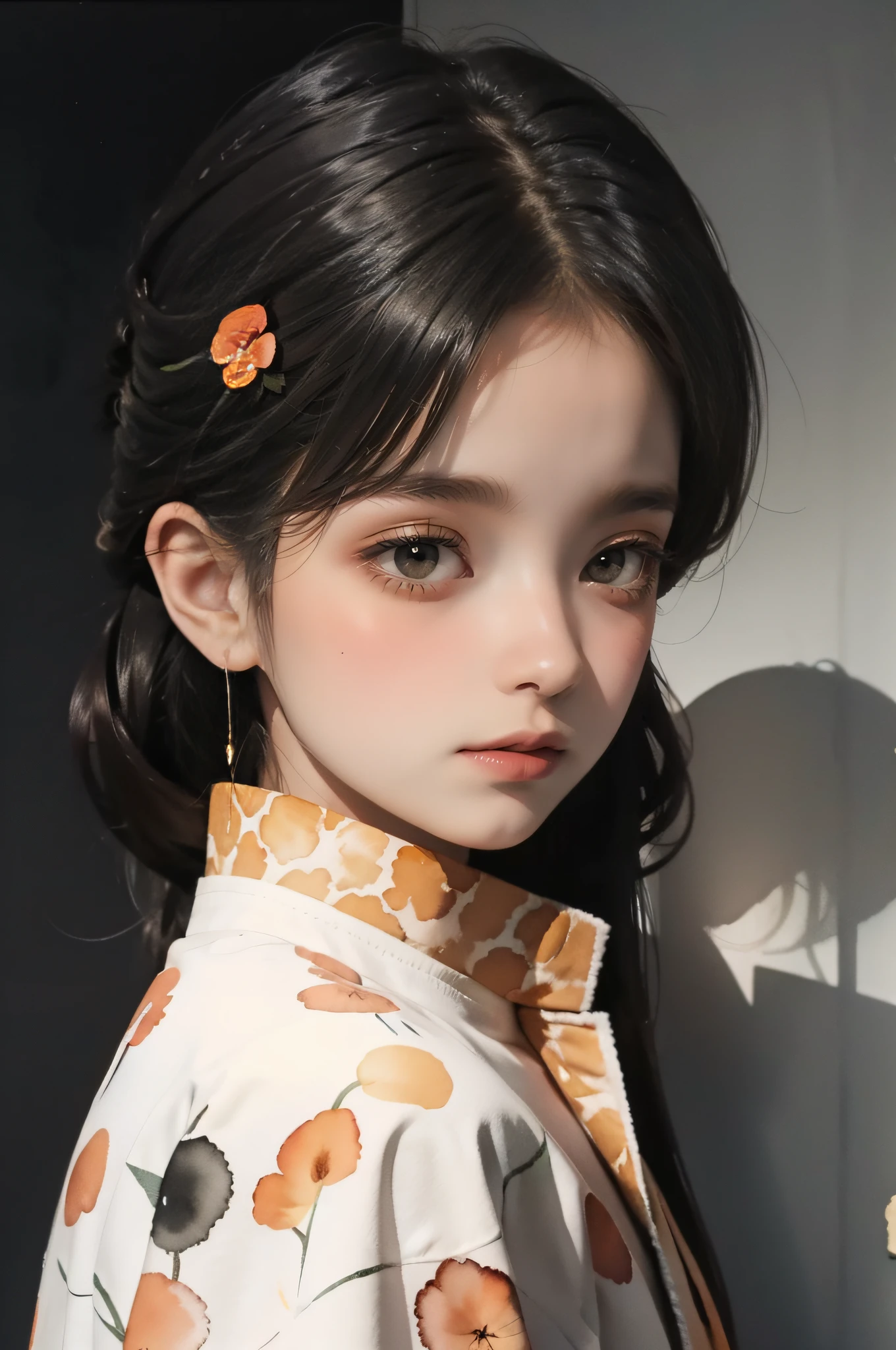 ink and watercolor painting、an orange
