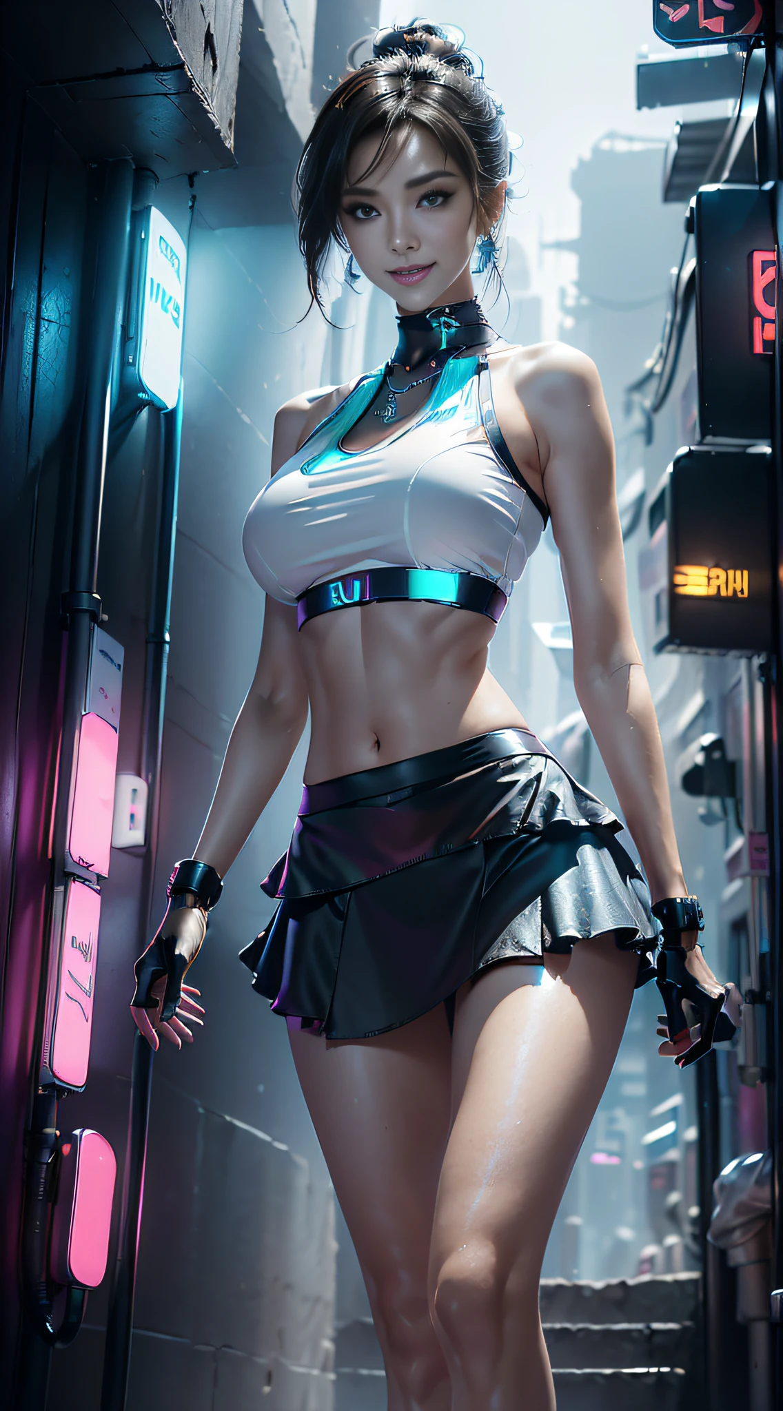 (Top quality),8K,(Masterpiece:1.3), 1girl, perfect figure, beautiful woman:1.3, (Layered Hair Style, big full tit:1.5), ((view the viewer)), (Big smile:1.2),Realistic,high resolution,Highly detailed face and skin texture, Realistic faces, Original photo, ((Beautiful faces:1.5)),Perfect body proportions,Whitens skin, ((narrow waist:1.3)), (small ass), (very slim slim well-muscled body:1.17), ((Ultra-detailed face)),The attention to detail,Double eyelids,Eyeshadow strengthening,Eye of detail,Professional lighting,Cinematic lighting, ((Focus sharp)), ,(((futuristic unreal cyberpunk style))) ((Light, Brightly colored clothing)),((Brightly colored, micro T-shirt, micro tank top, micro drees,Short mini skirt)), ((Lively,Active,vivaciousness)), ((Panties)), ((Exposing thighs)), (Dynamic pose:1.34), (((Short skirt that wraps around the hips))),On the street