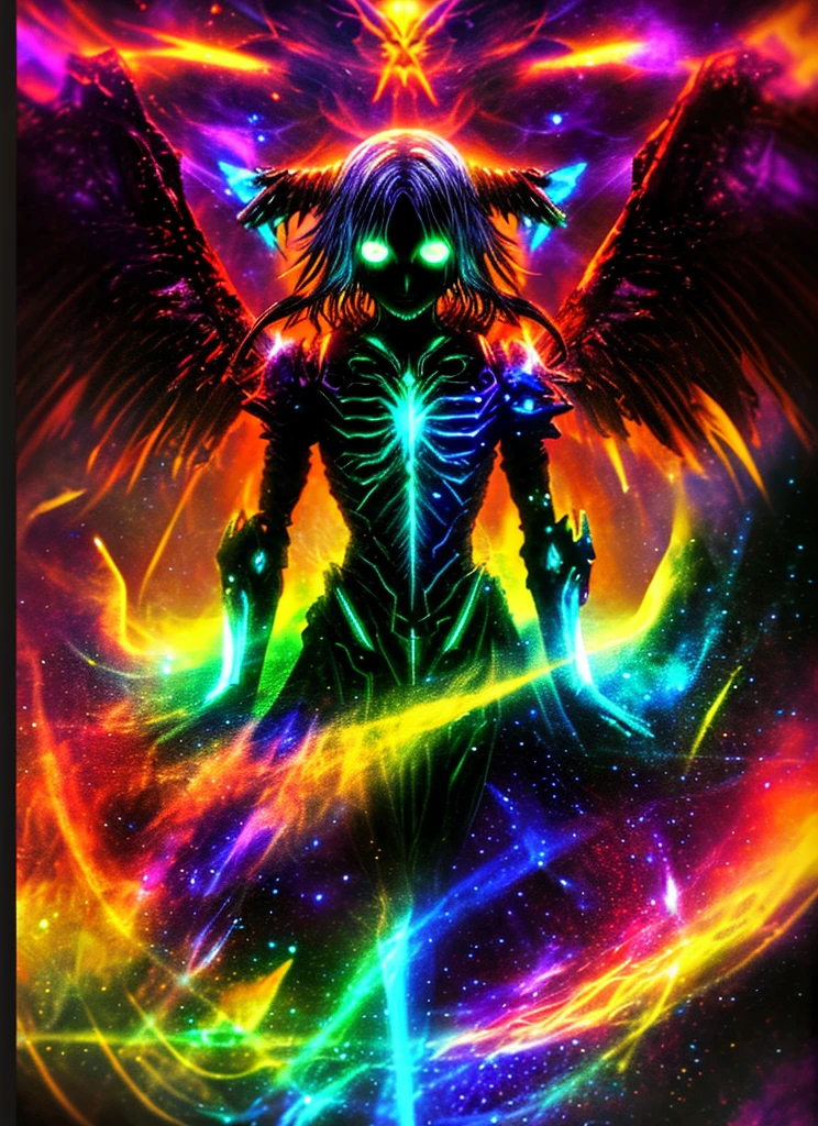 Cosmic Fallen Angel, glowing light eyes, Biomechanical, eerie, Creepy, nightmarish, Very bright colors, Light particles, with light glowing, Mshiff, wallpaper art, UHD wallpaper