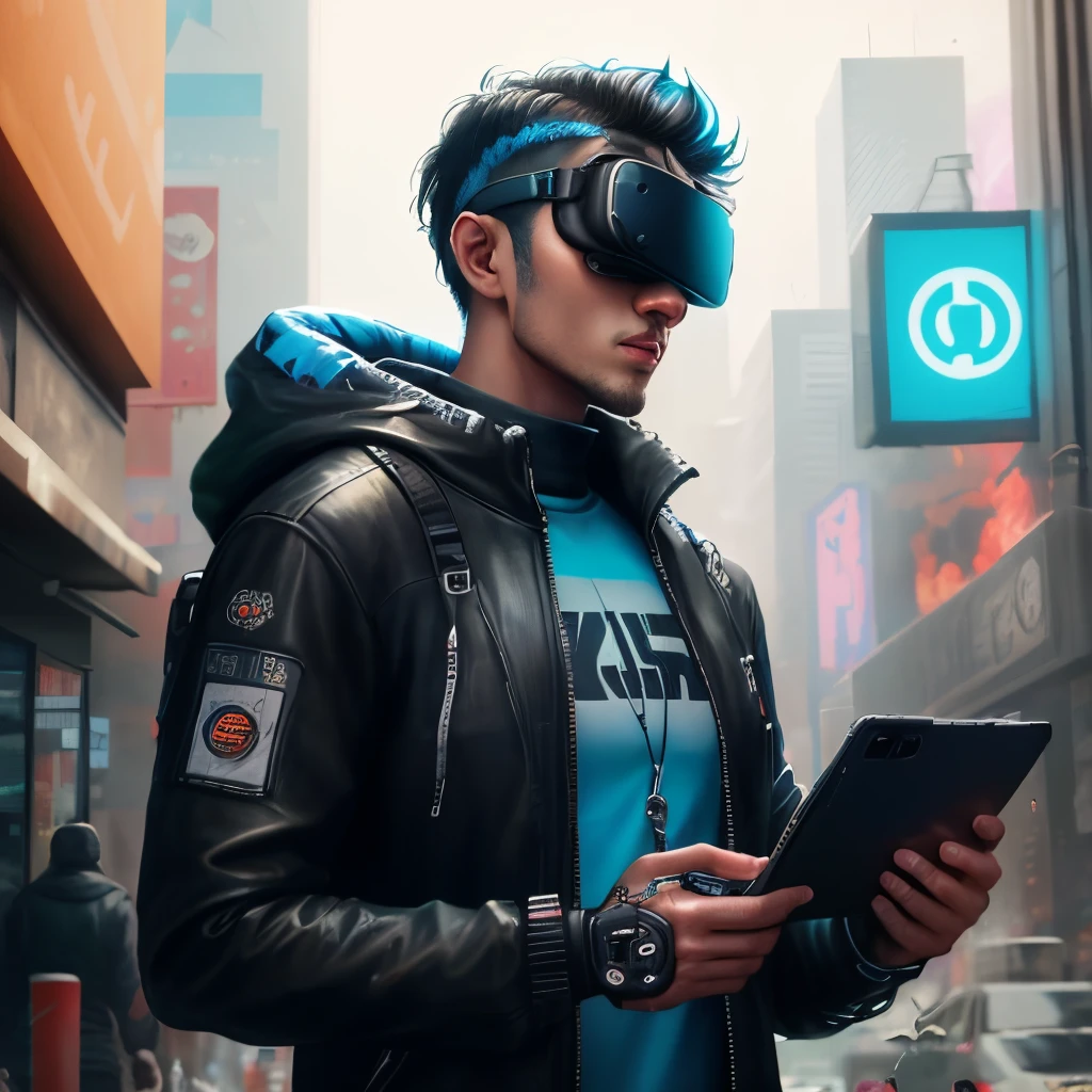 um homem, cyberpunk, oculos VR, Wearing Hat, terno preto couro, capuz, olhando para frente, estilo perfil, head down, estilo feiticeiro, casaco azul marinho, qualidade 64k, canera Canon, melhor qualidade, cinematic INFO