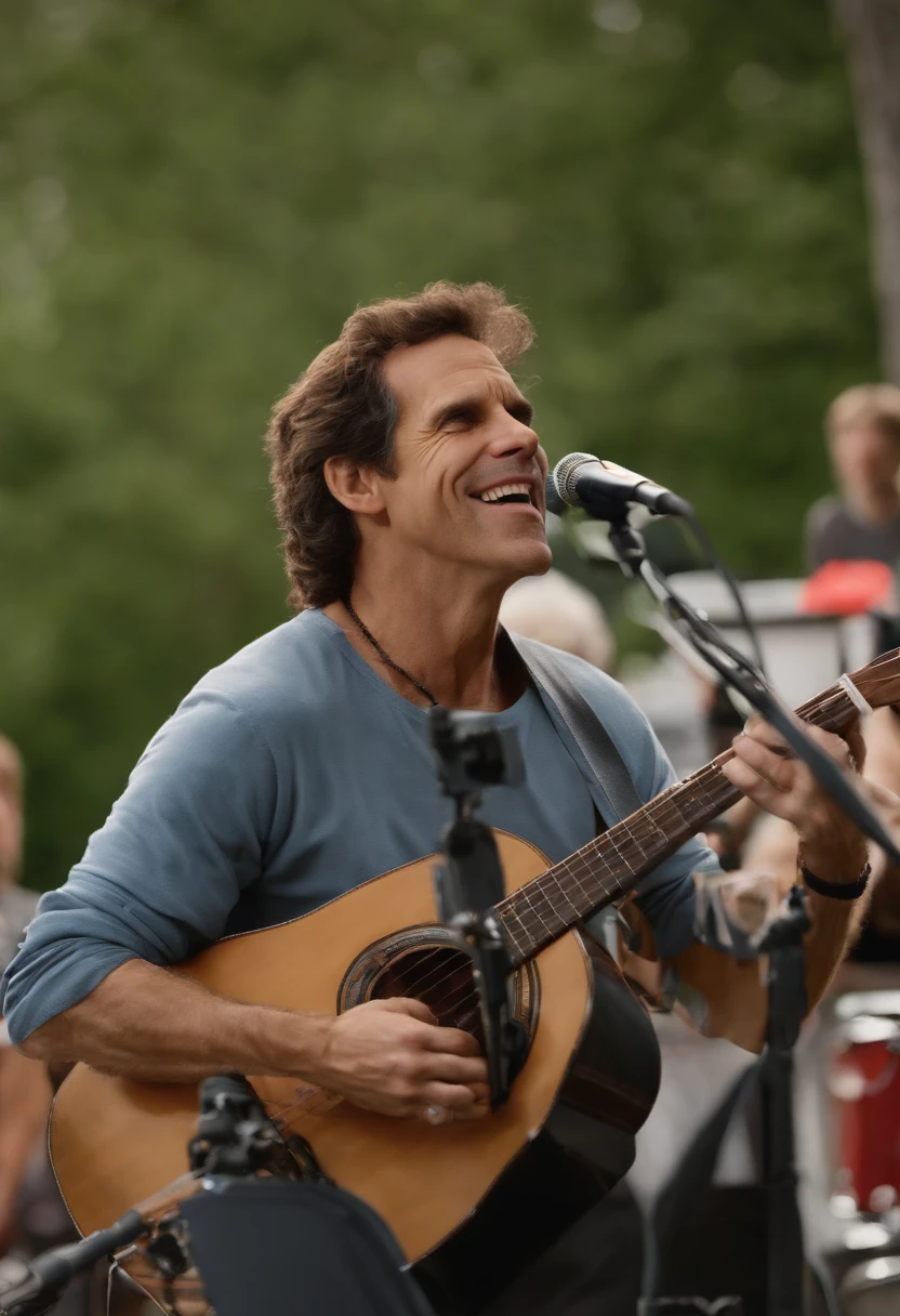 A photo of Greg attempting to set up a surprise outdoor concert for the family,Meet the Parents film series,Greg Focker, the fictional character portrayed by Ben Stiller in the “Meet the Parents” film series, presents as an everyman with a relatable and approachable demeanor. He has an average build and height, with a generally unassuming appearance, often dressed casually in a way that underscores his down-to-earth and slightly awkward personality. His expressive facial features often convey his frequent discomfort and the comedic anxiety he experiences in various situations throughout the series., male