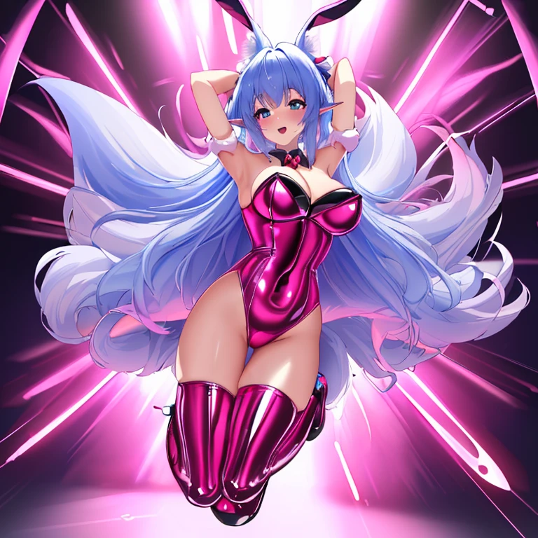 (best quality, 4k, highres, masterpiece:1.2), sexy bunny girl (full body), anime style, vibrant colors, shiny latex outfit, playful expression, long ears, fluffy tail, seductive pose, dynamic lighting