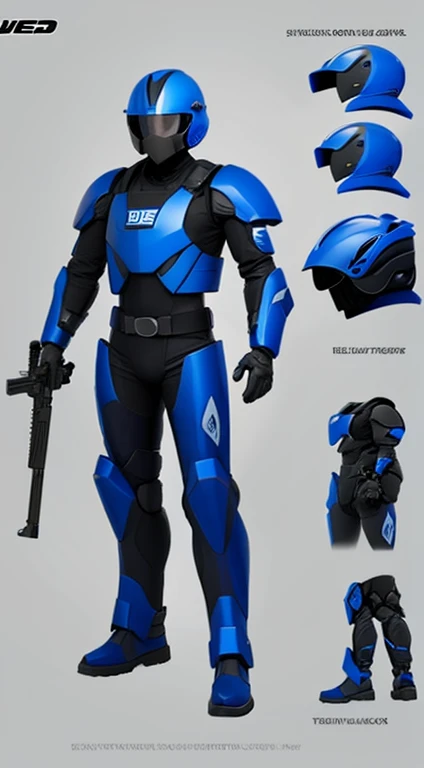 Cool special forces full body design from the near future。Wearing a helmet and fully armed。Color is dark blue