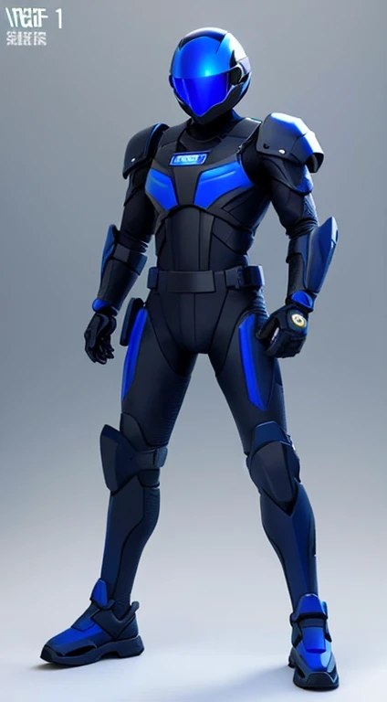 Cool special forces full body design from the near future。Wearing a helmet and fully armed。Color is dark blue