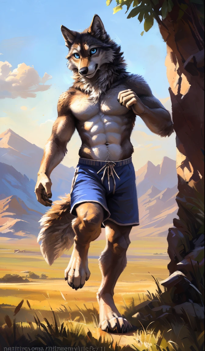 ((Solo)), male people, anthro wolf, (Multi-colored fur, White-brown:1.3,White tail pointed), (Height 2.1m,Tail length 1.2m), ((Wolf face, Big eyes, White eyelids, Blue pupil, Slim:1.2) (Tough, Calm expression:1.2)), Abs, Slim, pinging)), (Correct anatomy), (Work shorts:1.1), The upper body is naked, (detailed outfits),A long big tail,Feet,(Realistic fur, Detailed fur texture, labeled:1.3)), (Natural lighting), Photorealistic, Hyperrealistic, ultradetailed, by Kenket,Endless grasslands,There are no trees,There are no big stones,No artificiality,erect through,Running on