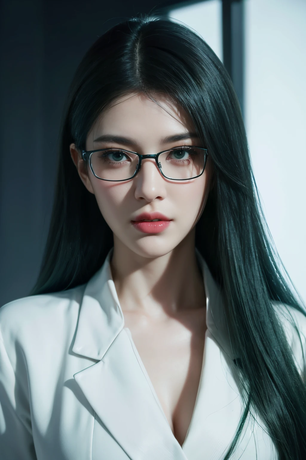 tmasterpiece,Best quality at best,A high resolution,8K,(portrait),(Close up of avatar),(RAW photogr),real photograph,digital photography,cyberpunk scientist,20岁女孩,long whitr hair,with long bangs,(Dark green hair),Red eyes,(Black framed glasses),A plump chest,cleavage,Elegant and serious,Dressed in a white coat,clean clothes,Keep your mouth shut,Redlip,Brave and charming,The scholar,Photo pose,Sci-fi style laboratory,White room,oc render reflection texture