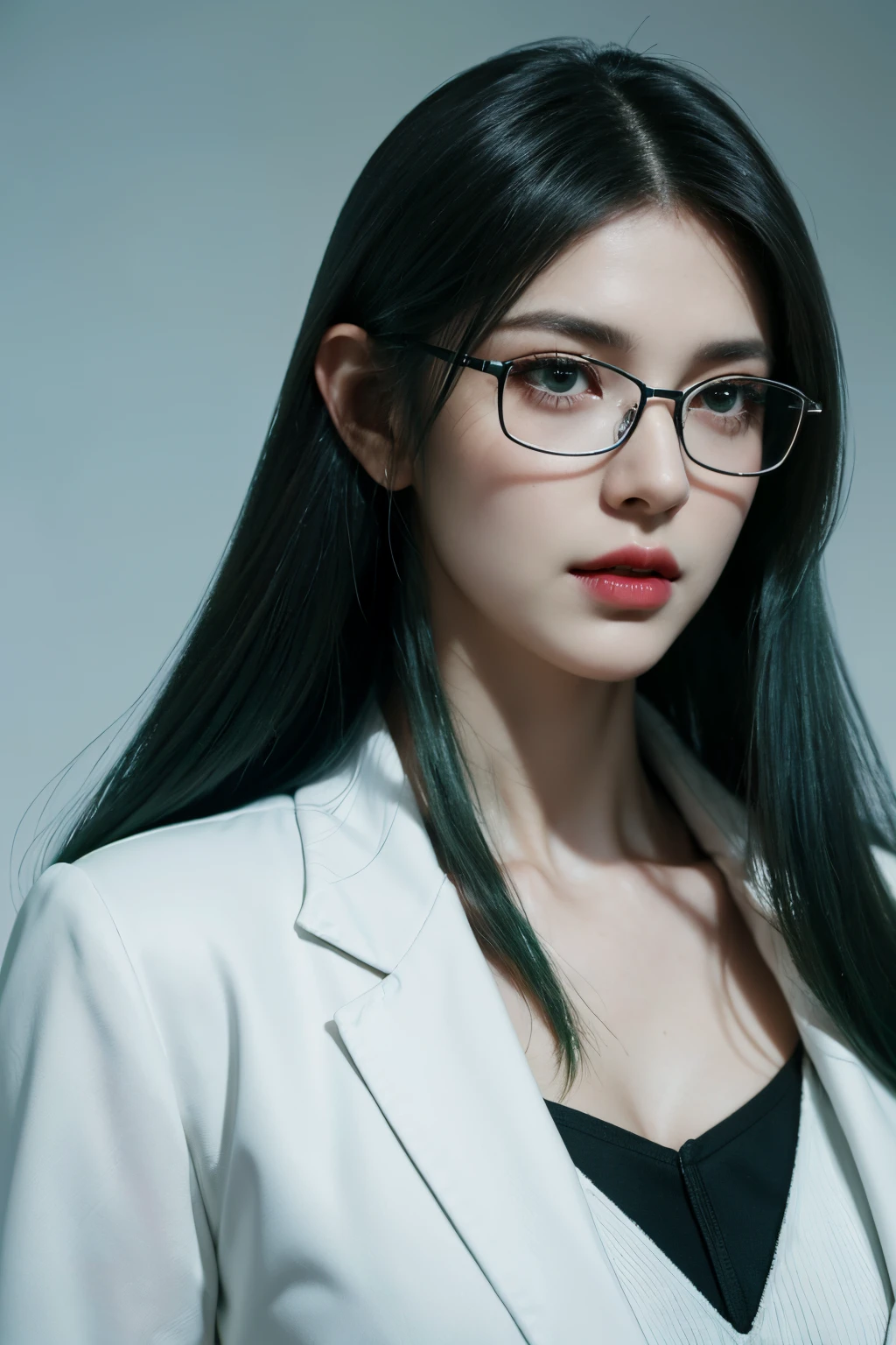 tmasterpiece,Best quality at best,A high resolution,8K,(portrait),(Close up of avatar),(RAW photogr),real photograph,digital photography,cyberpunk scientist,20岁女孩,long whitr hair,with long bangs,(Dark green hair),Red eyes,(Black framed glasses),A plump chest,cleavage,Elegant and serious,Dressed in a white coat,clean clothes,Keep your mouth shut,Redlip,Brave and charming,The scholar,Photo pose,Sci-fi style laboratory,White room,oc render reflection texture