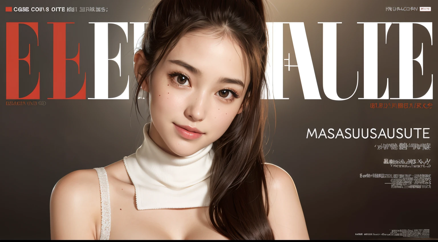 ((Best Quality)), ((masutepiece)), (Detailed), Perfect face, a woman is shown in a turtleneck top with her hair in a high ponytail, 1girl, solo, magazine cover, breasts, mole, brown hair, cover, smile, underwear, realistic, bra, cleavage, long hair
