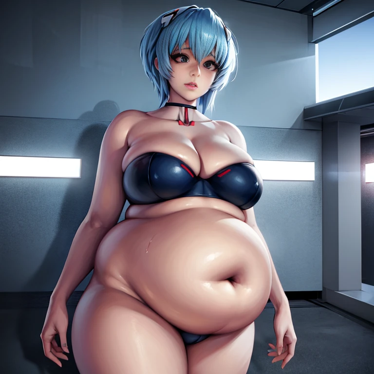 art by kipteitei, 1girl, light blue hair, rei ayanami from the anime evangelion, big plump belly, huge belly,pretty face, nose, lips, beautiful eyes, (best quality, masterpiece, 4k, sharp focus), professional photograph, sharp focus, dramatic, award winning, cinematic lighting, octane render, unreal engine, volumetrics dtx,