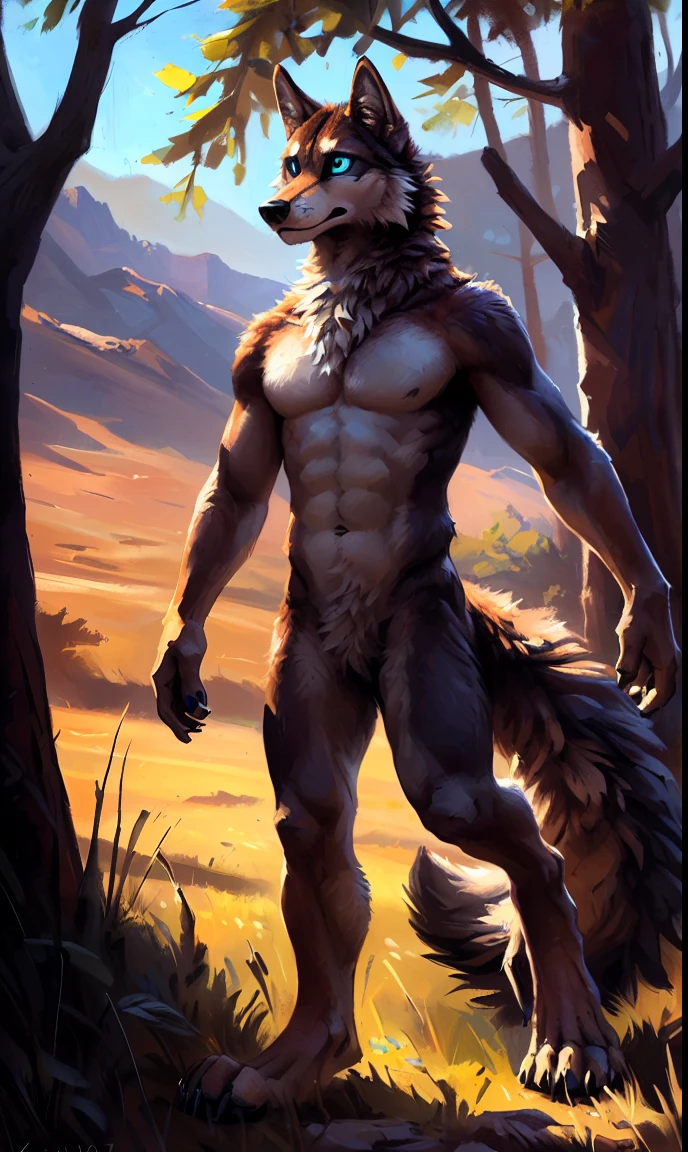 ((Solo)), male people, anthro wolf, (Multi-colored fur, White-brown:1.3，White tail pointed), (Height 2.1m,Tail length 1.5m), ((Wolf face, Big eyes, White eyelids, Blue pupil, Slim:1.2) (Tough, Calm expression:1.2)), Abs, Slim, pinging)), (Correct anatomy), Naked all over the body,A long big tail，Feet，(Realistic fur, Detailed fur texture, labeled:1.3)), (Natural lighting), Photorealistic, Hyperrealistic, ultradetailed, by Kenket，Endless grasslands，No artifacts