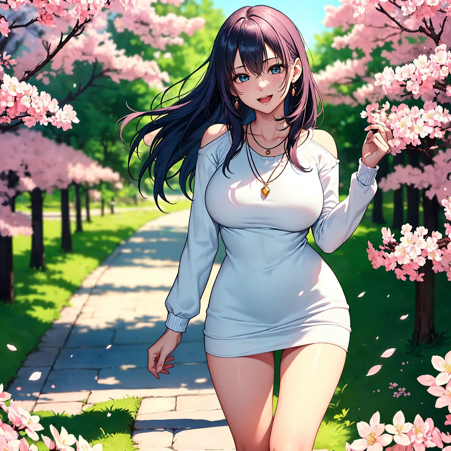 (top quality picture、masterpiece level、very high res、An ultra-high picture quality、High quality pixels)、(1girl in,She is a very beautiful woman、and she is 20 years old、1 person、Single、Beautiful beauties,Beautiful face written in detail,Beautiful body,Strong-willed eyes,Beautiful eyes,Beautiful hair,Beautiful skin texture,Beautiful hair quality)、(Slender body and beautiful breasts)、(Lovely smile,Open mouth)、(Wear a sweater with long sleeves,1 diamond necklace,wearing miniskirt,Wearing clothes that expose your shoulders,Beautiful legs are visible,adult-like),(A path lined with flourishing cherry blossom trees),(Beautiful Art Style,an animated character、The whole picture、Detailed picture、accurate anatomy、Defect-free images、extremely detailed picture、Accurate images、image perfect)、(Best Shot Photo 1.2)