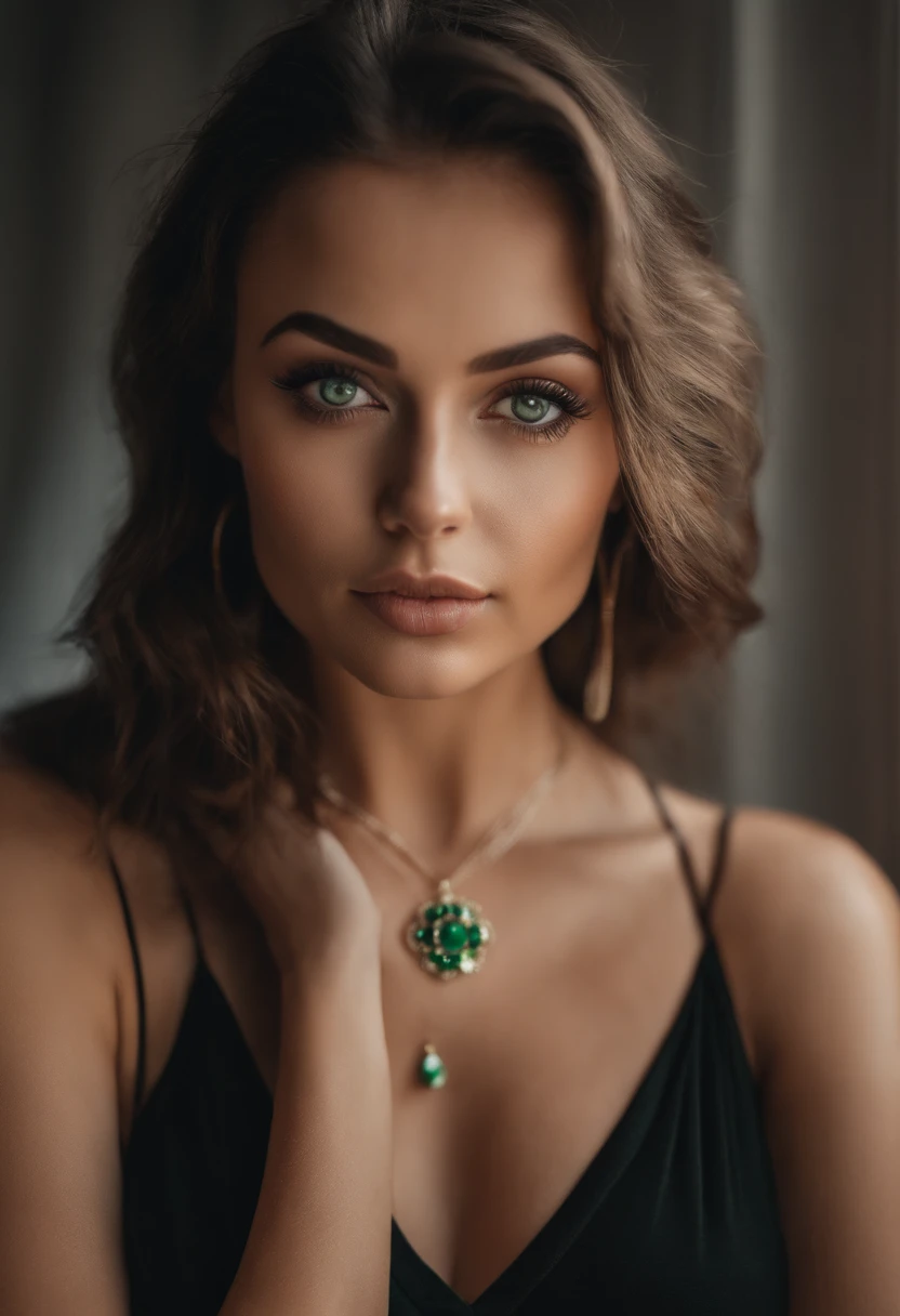 Arafed woman with white tank top and necklace, Sexy girl with green eyes, portrait sophie mudd, brown hair and big eyes, Selfie einer jungen Frau, Augen im Schlafzimmer, Violet Myers, ohne Make-up, Natural makeup, Blick direkt in die Kamera, Gesicht mit Artgram, dezentes Make-up, Stunning full body shot, piercing green eyes, Nice angle, attraktive Pose, Cute girl, sexy Pose, Full body image, full entire body, full body shoot, Tragen Sie ein enges schwarzes Minikleid