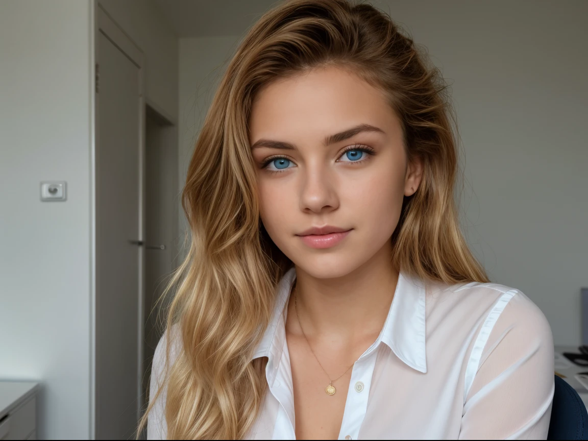 (masterpiece), (one girl 22 year old) Realistic Skin, (((Caucasian))) Intense blue eyes with catchlights. heavy mascara, Direct gaze. Backlit eyes. Digital photography. Plump soft pink lips, French girl with shoulder-length messy hair, she is petite. smiling posing for a picture, (((wearing office clothes))), ((white blouse)), in modern office, thin and athletic, flash photography