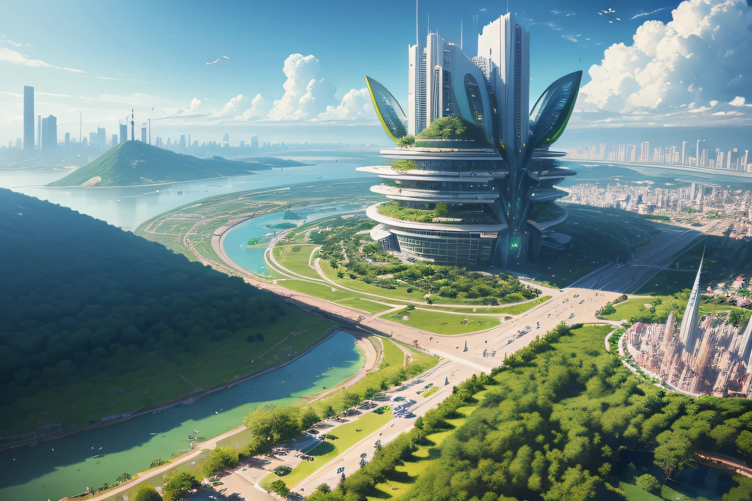 Imagine and depict (ideal city) (future) in which order reigns, comfort, tranquility; the city is protected from external influences, City of High Technologies, the city is based on high technology, brightly, purely, a lot of green vegetation, the trees, Flowers, Birds of paradise, hyper-detailed, hight resolution, Photorealistic, View from above, Electropunk