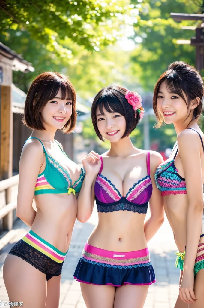 Three Girls,japanes,line up,A smile,Idol,Colorful Lingerie,large full breasts、perfect-composition、top-quality、ultra-detailliert、masterpiece、realisitic、Shortcut Hair,