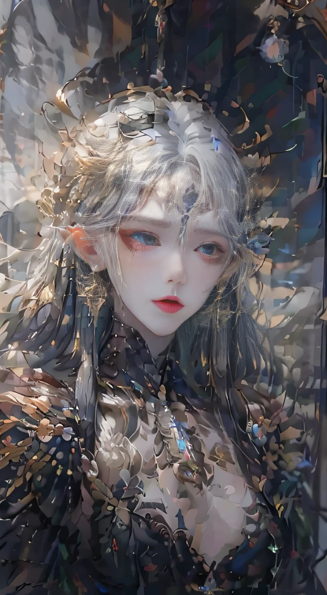 girl,Wearing a gold dress,girl'blue colored eyes,Goddess level,Facial features are clear and three-dimensional,Redlip,Long gray hair,orthofacial,ultra HD picture quality,4K,The color contrast is strong,Ultra-clear pictures,white skinned,Divine brilliance,welcoming