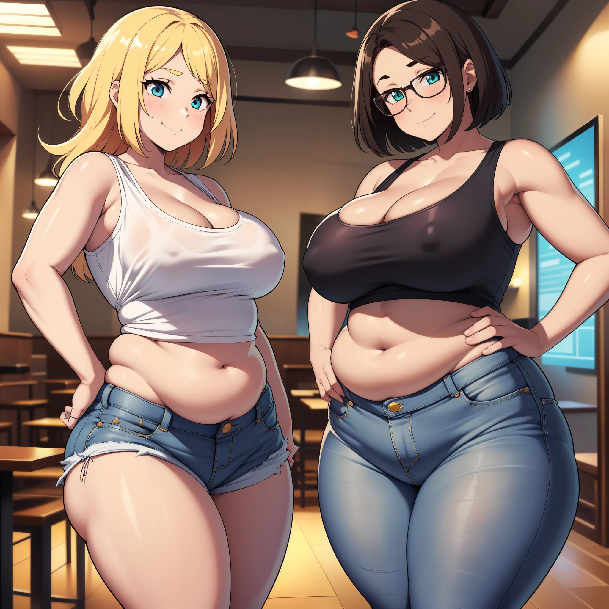 ((high res)), (Masterpiece), perfect anatomy, perfect shading, field of depth, (best quality), extremely delicate and beautiful, perfect lighting, detailed face, ultra cute face, cute, (cowboy shot 1.2), full body, (((2girls))), ((2 girls 1 and 2))
Girl 1: has long hair, fluffy hair, blonde hair, blue eyes, (blush), embarrassed, (crop top 1.2), (jean shorts 1.2), extremely tight clothes, medium breasts, cleavage, perky breasts, ((wide hips)), (thick thighs), (chubby), pudgy belly, fat rolls, belly hang,
Girl 2: has short hair, fluffy hair, brown hair, green eyes, smile, (white tank top 1.2), (jeans 1.2), extremely tight clothes, medium breasts, cleavage, perky breasts, (((wide hips))), ((thick thighs)), (plump), chubby belly, fat rolls, belly hang, she has a jiggly belly,
Fast food restaurant, intricate background, detailed background, girls are standing next to each other,