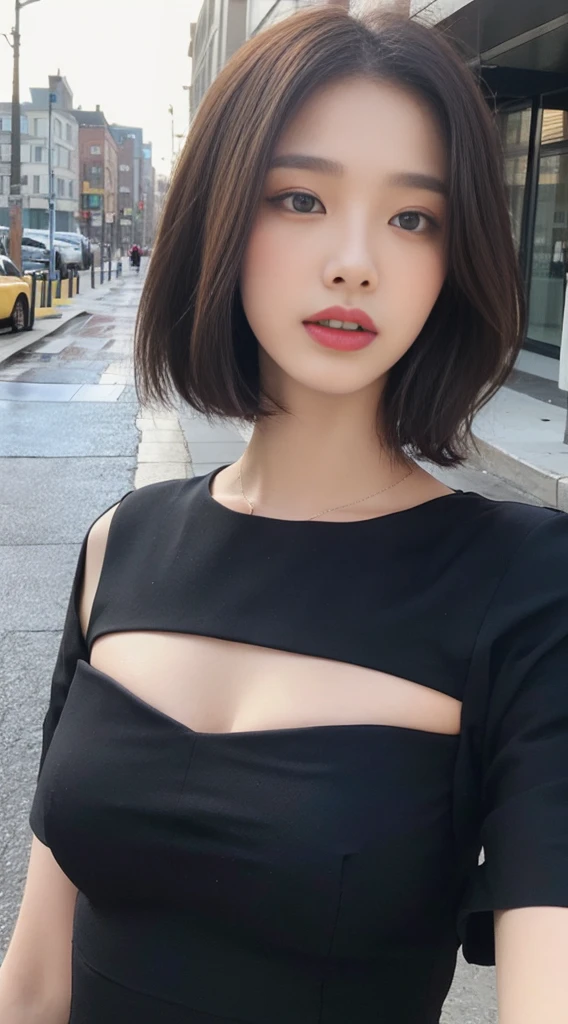 Black dress posing for photo, beautiful asian girl, Korean girl, cute thin face of girl, young woman, short hair, sakimichan, ((best quality, 8k, masterpiece: 1.3)), focus: 1.2, perfect body beauty: 1.4, buttocks: 1.2, ((layered haircut, beautiful breasts: 1.2)), (wet clothes: 1.1) , (Rain, Street:1.3), bandeau dress: 1.1, Highly detailed face and skin texture, Delicate eyes, double eyelids, whitened skin, long hair, (shut up: 1.3), after rain, (sky rainbow: 1.1), (black dress: 1.2), gorgeous streets